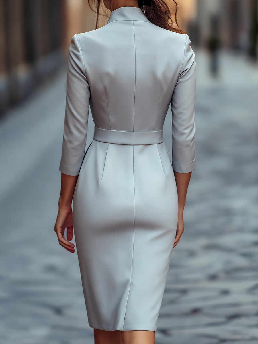 Women's elegant midi dress for special occasions, graduation-ready, with a professional mandarin collar.