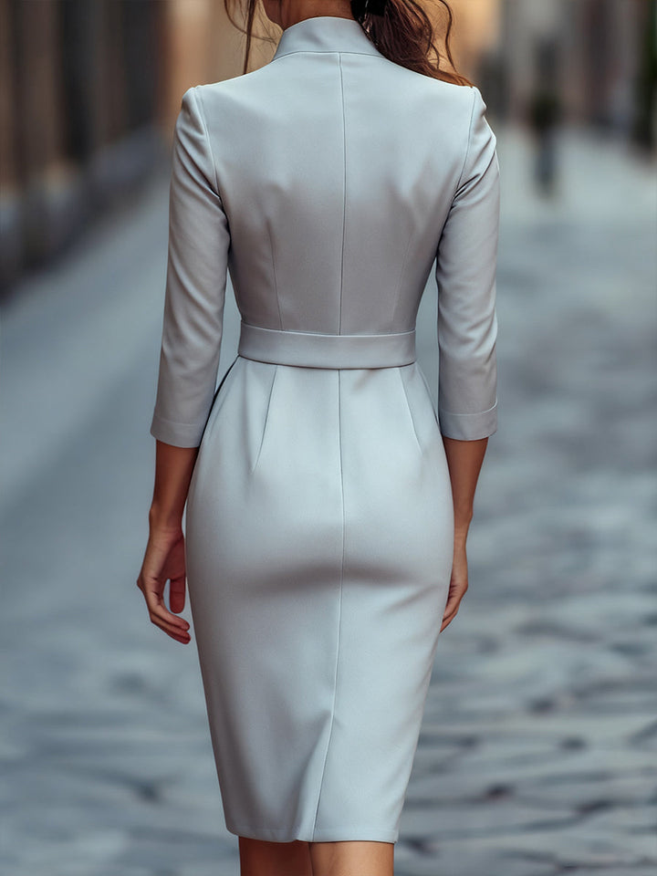 Women's elegant midi dress for special occasions, graduation-ready, with a professional mandarin collar.