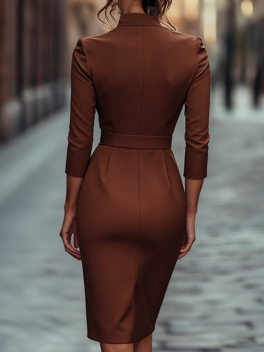 Close-up detail of the mandarin collar on an elegant women's midi graduation dress.