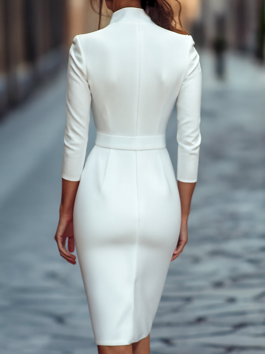 Classy women's midi wrap graduation dress, belted for a tailored look, with a chic mandarin collar.