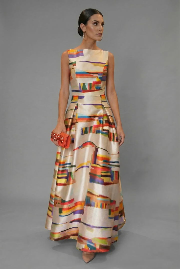 Stylish women's formal evening gown. Sleeveless multicolour maxi dress, ideal for special occasions.