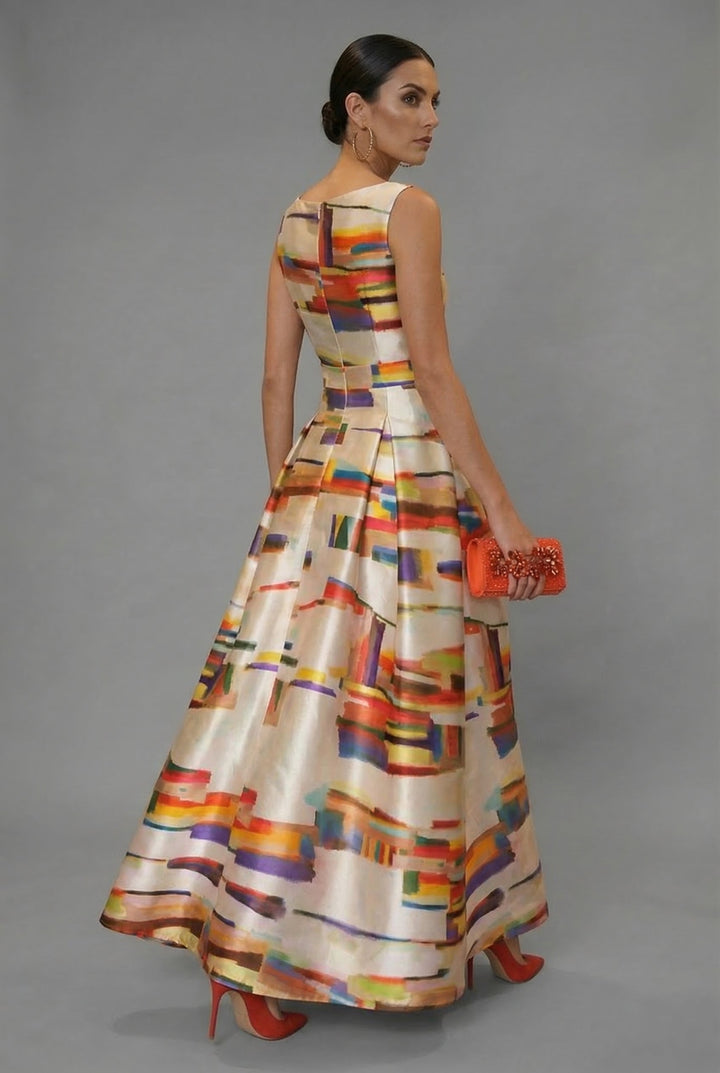 Stunning multicolour sleeveless maxi dress, an elegant women's formal evening gown & statement party piece.