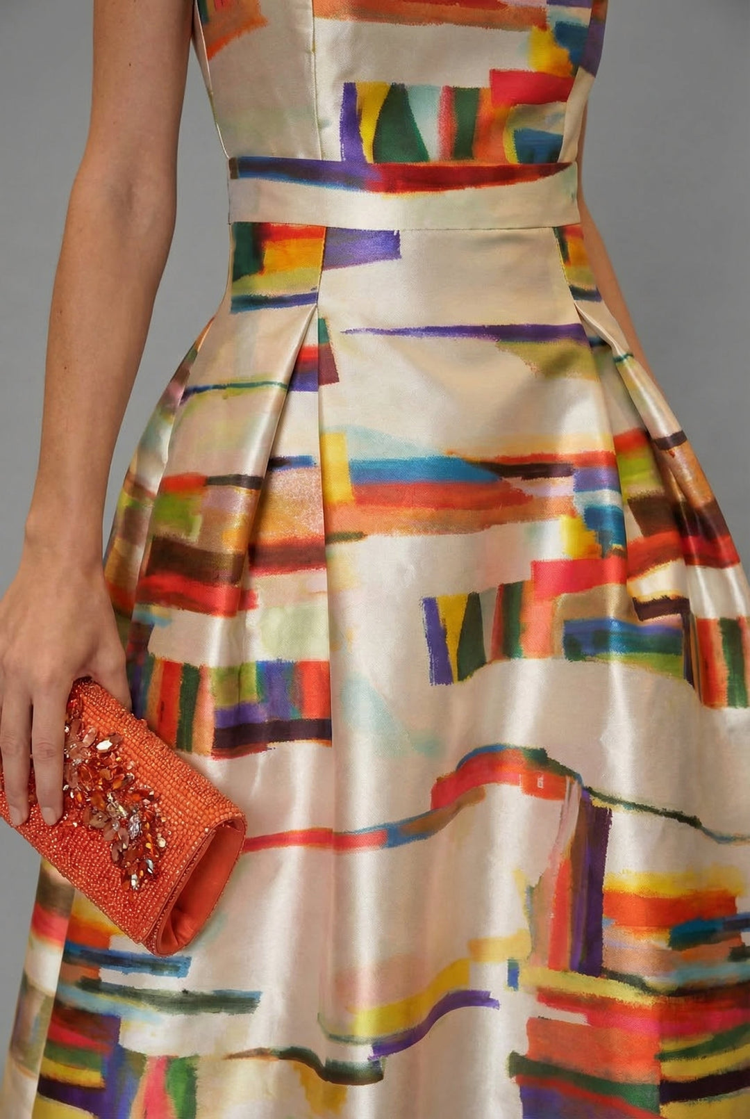 Chic women's formal sleeveless multicolour maxi dress, perfect as an evening gown or party statement.