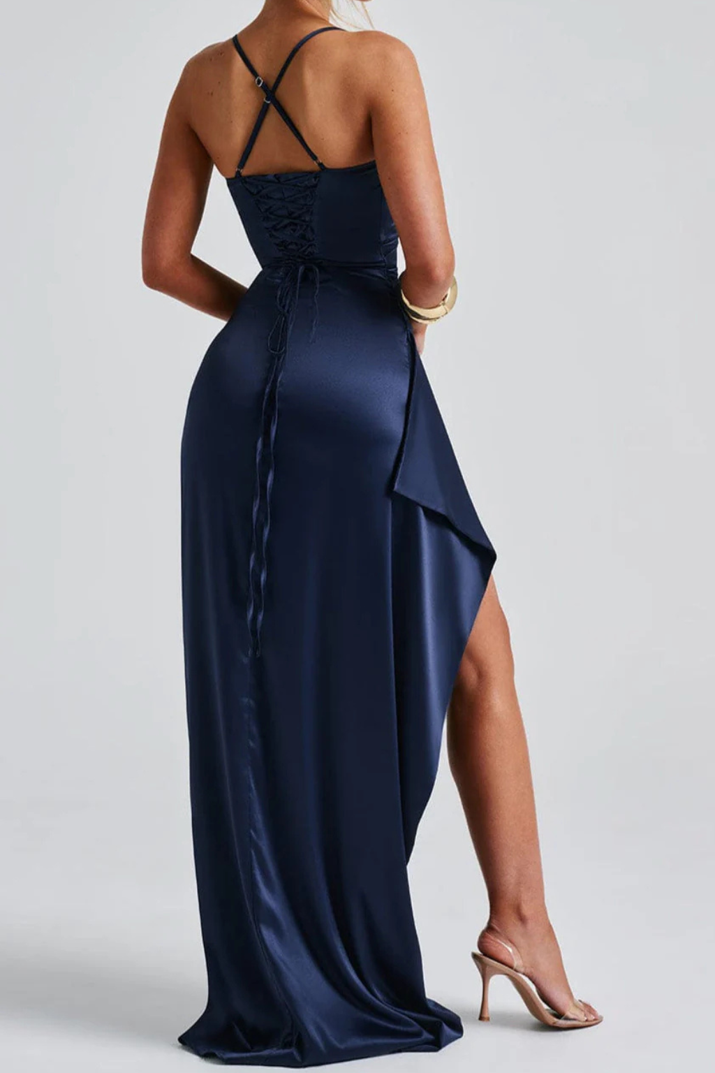 Flattering navy blue women's sleeveless ruched maxi dress with spaghetti straps & a stylish high slit for parties.