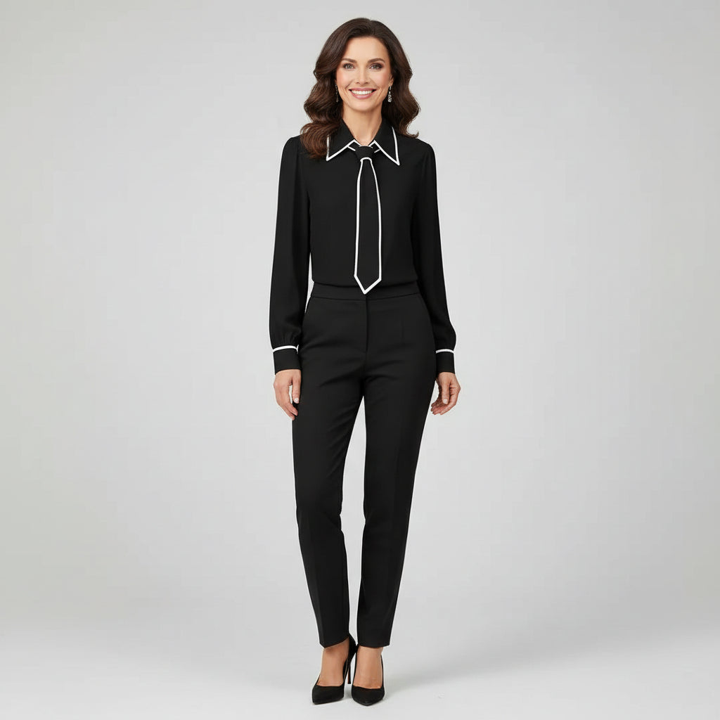 Elegant women's necktie blouse with long sleeves, perfect for professional work, office fashion & business casual.
