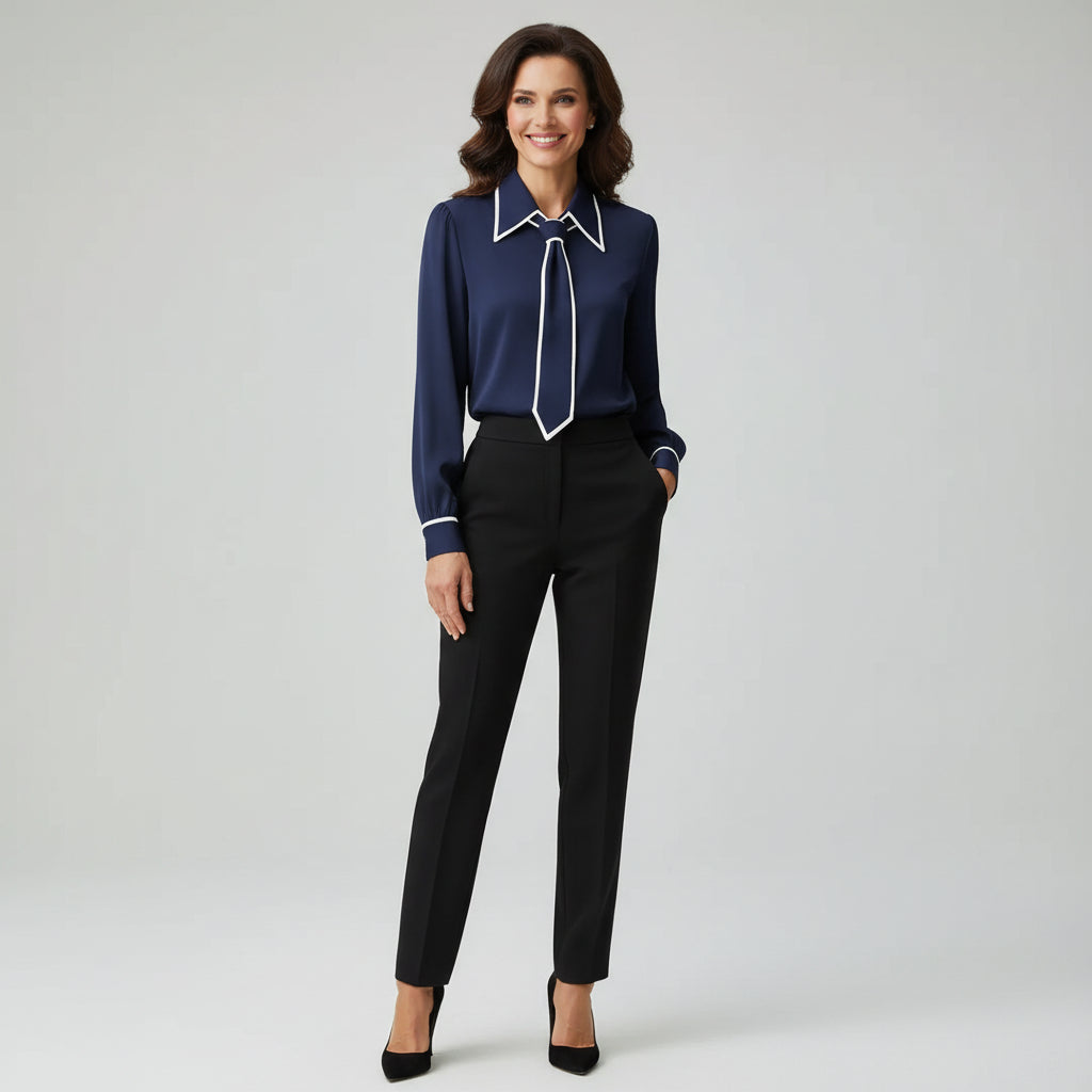 Professional long sleeve women's blouse with necktie, ideal for a smart work top, office wear & business fashion.