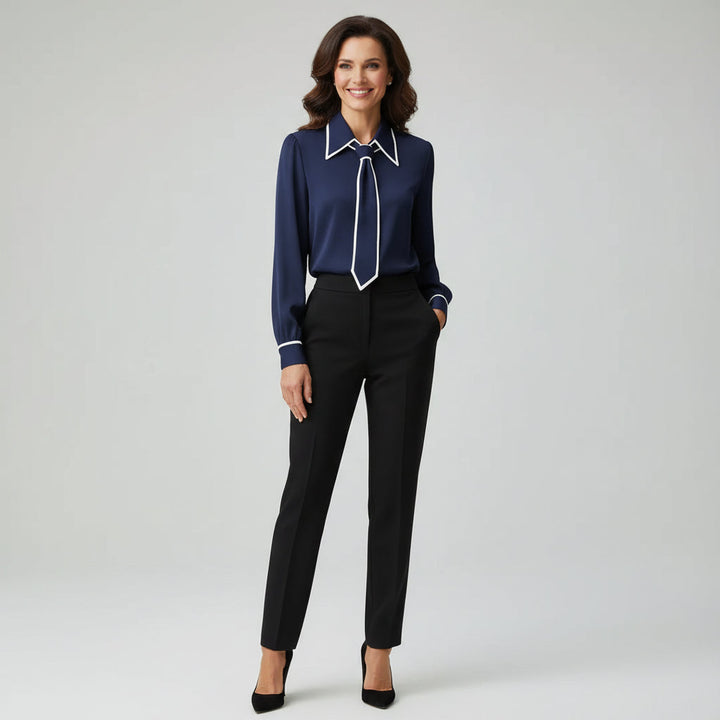 Professional long sleeve women's blouse with necktie, ideal for a smart work top, office wear & business fashion.