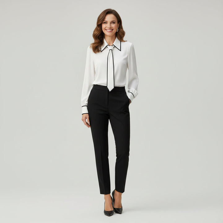 Chic women's long sleeve necktie blouse, an elegant smart work top for professional attire and business casual.