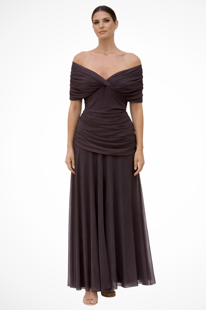 Elegant women's off-shoulder pleated midi dress, perfect for summer parties & evening wear.