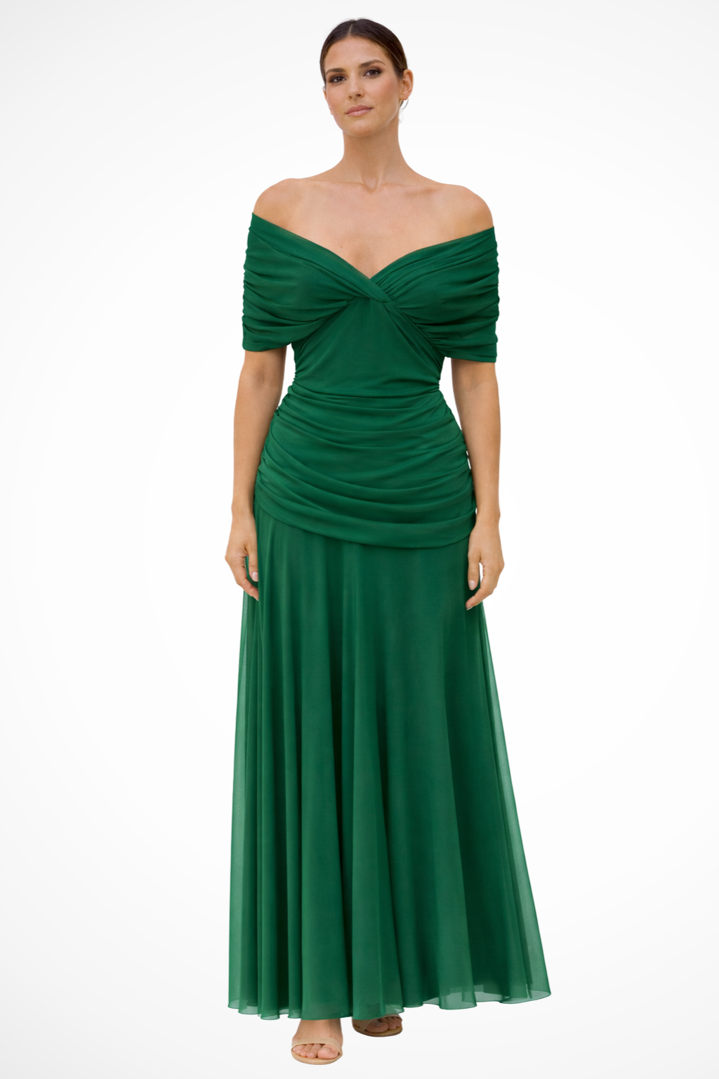 Beautiful women's off-shoulder dress with elegant pleats, ideal for stylish summer fashion.