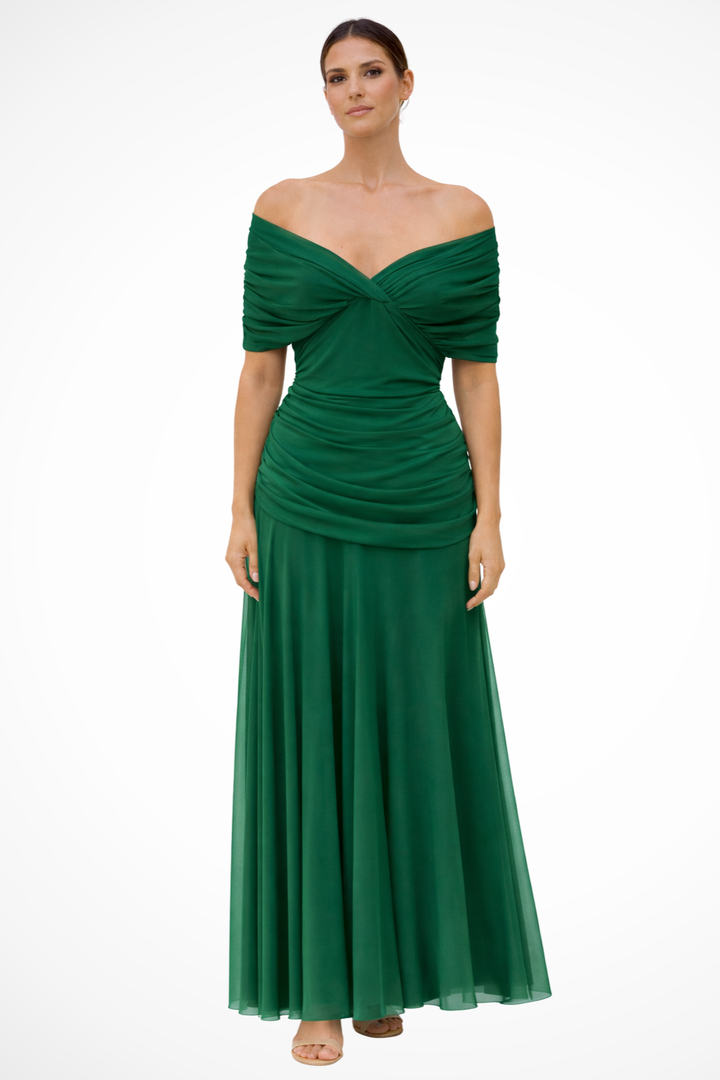 Beautiful women's off-shoulder dress with elegant pleats, ideal for stylish summer fashion.