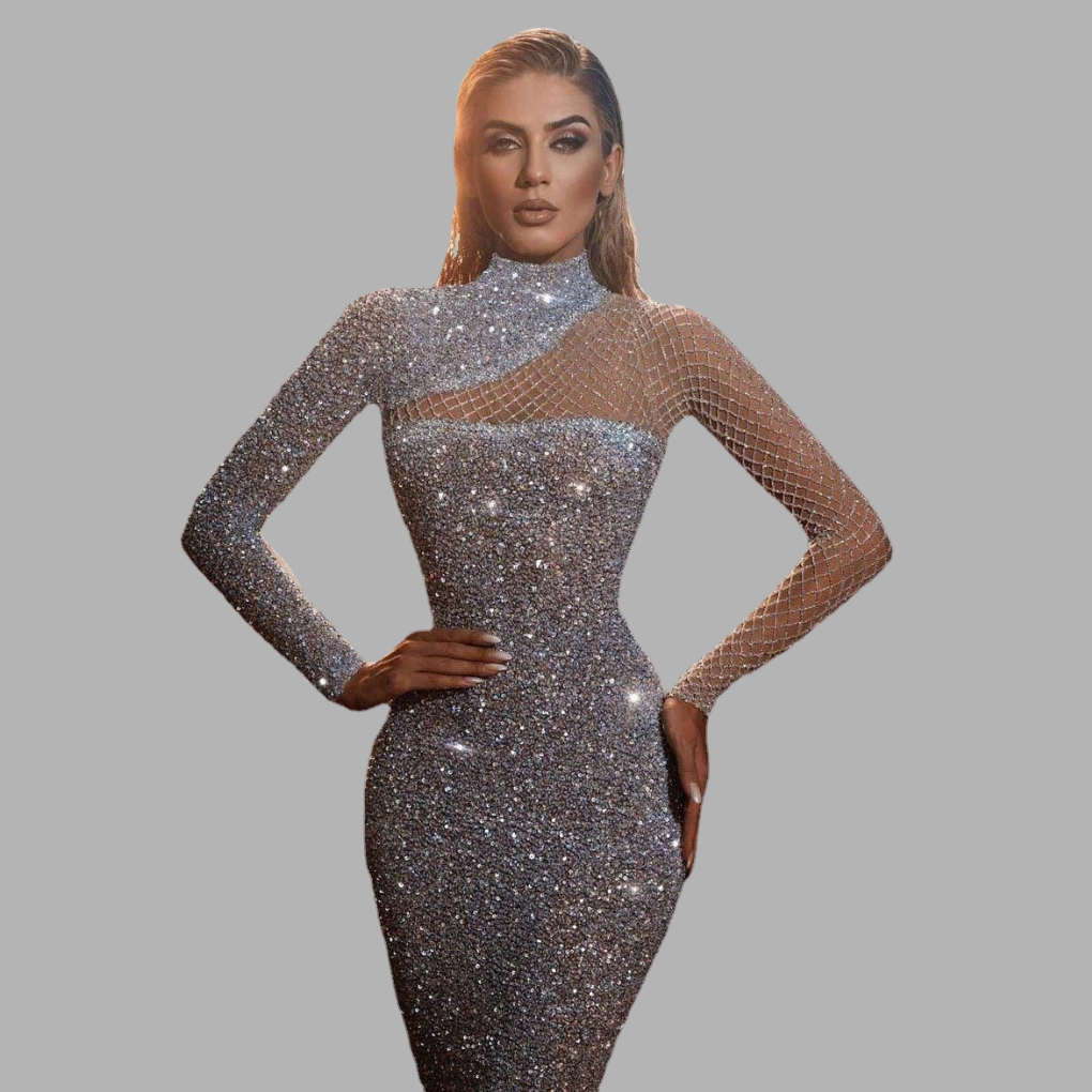 Elegant women's off-shoulder sequin dress for glamorous parties. Perfect evening gown or cocktail attire.