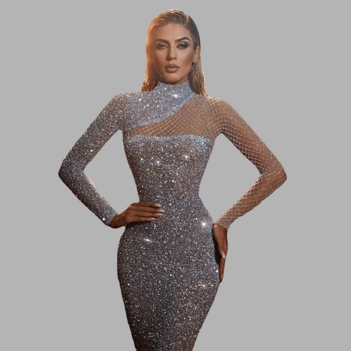 Elegant women's off-shoulder sequin dress for glamorous parties. Perfect evening gown or cocktail attire.