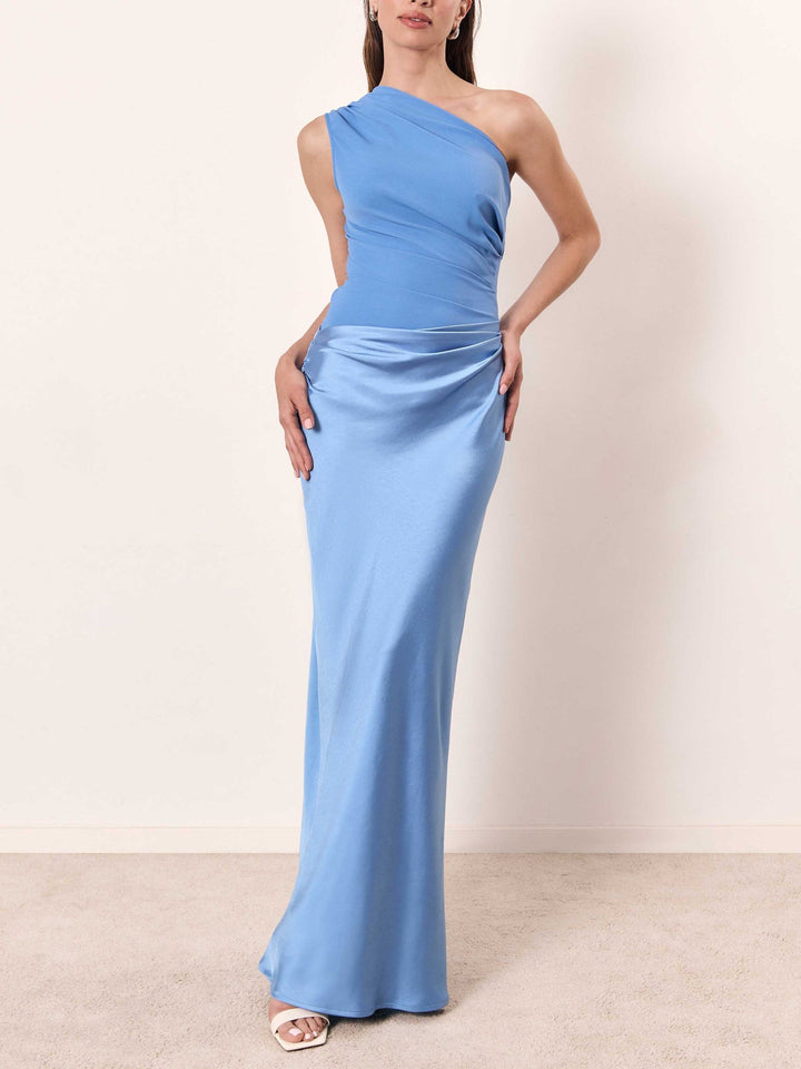 Full-length women's one-shoulder pleated maxi dress for an elegant and chic look at any formal event.
