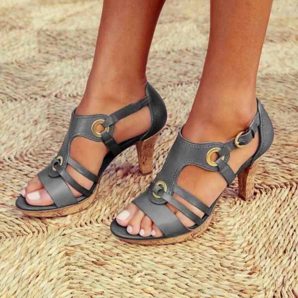 Elegant women's open toe chunky heeled sandals, stylish and versatile for day or evening wear.