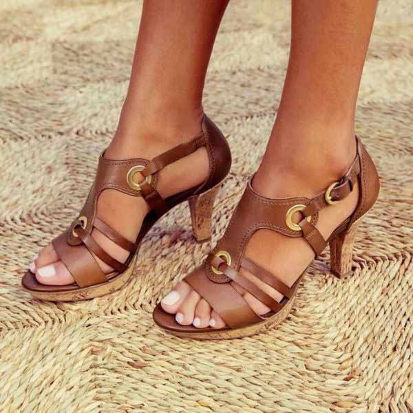 Close-up of women's comfortable open toe sandals with a fashionable chunky heel, perfect for any occasion.