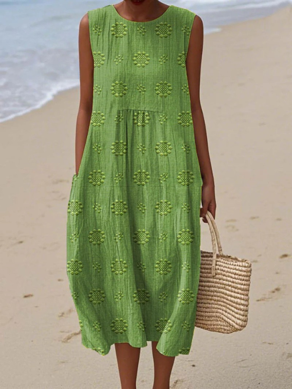 Elegant women's patterned midi dress, sleeveless & comfortable. Perfect summer brunch outfit for versatile casual wear.
