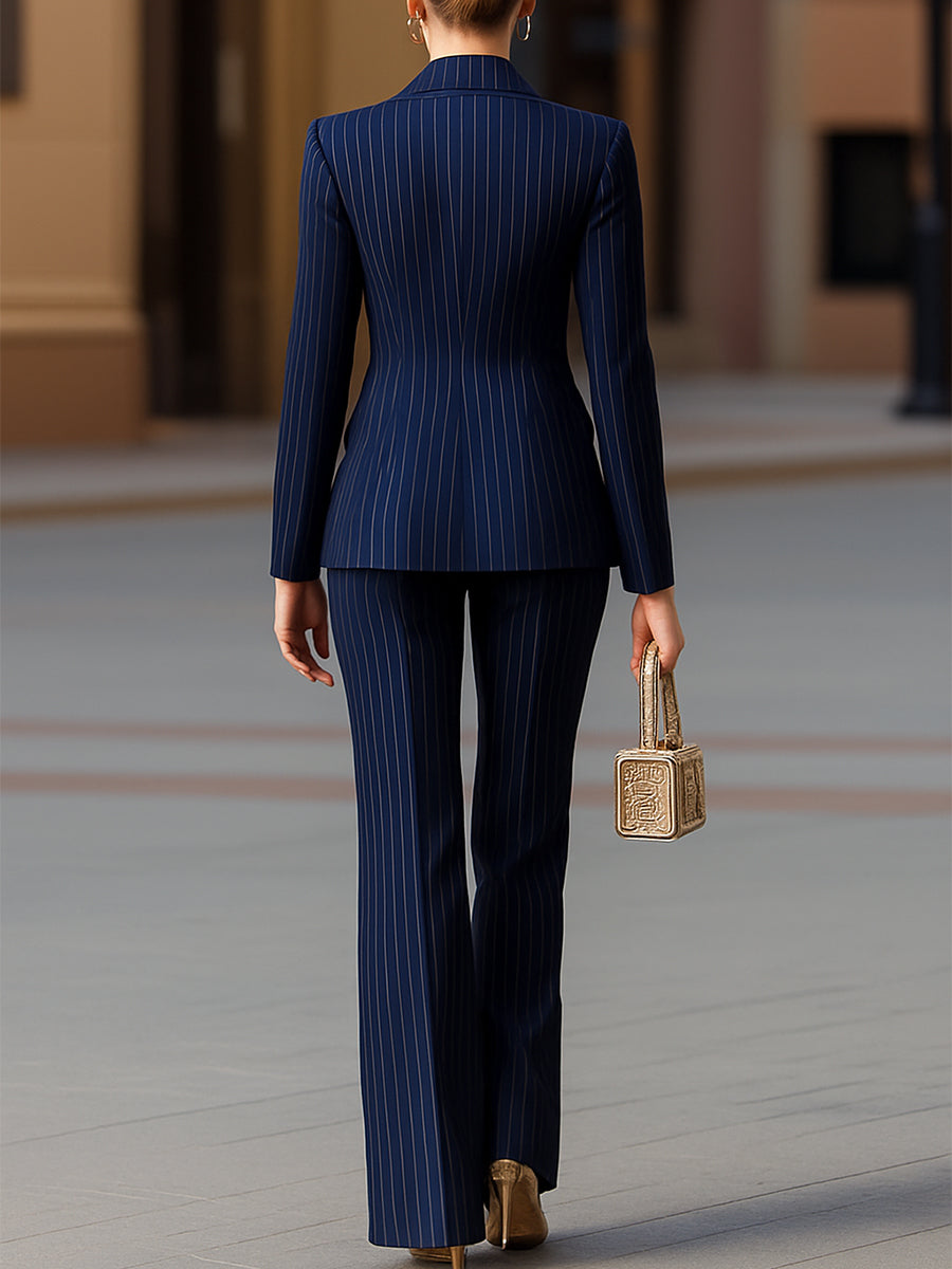 Stylish women's pinstripe power suit, a two-piece blazer and trouser set, for modern professional women's fashion.