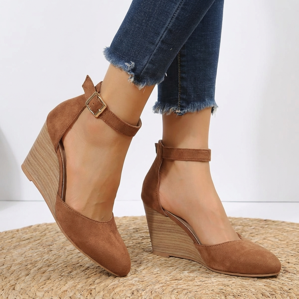 Stylish women's pointed toe wedge heels with delicate ankle strap. Versatile elegant footwear for formal or casual outfits.