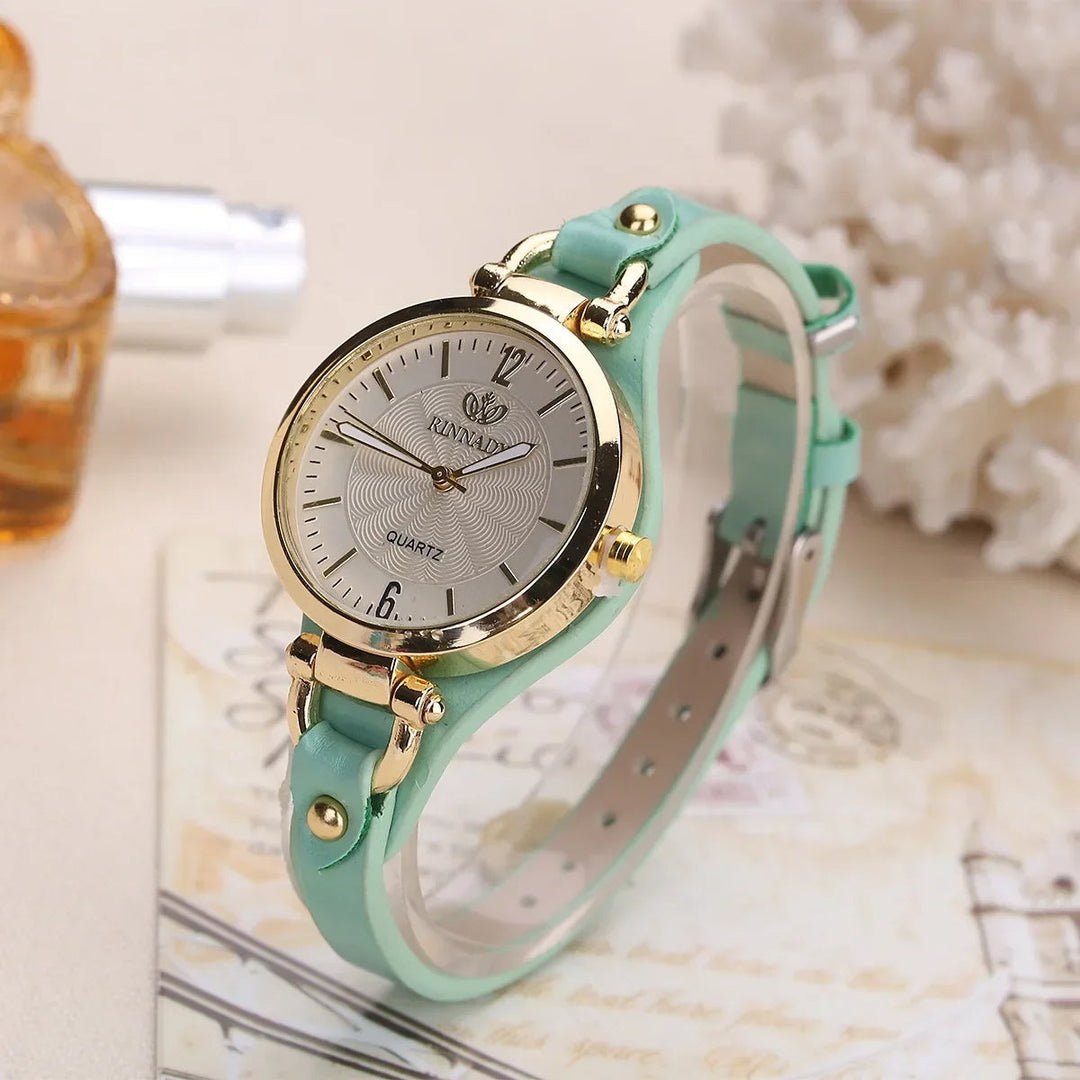 Stylish women's quartz watch with a unique engraved dial and durable vegan leather strap. Perfect timepiece.