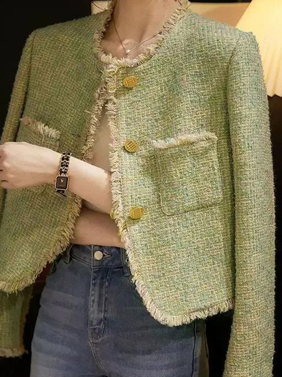 Elegant women's round neck tweed jacket for chic fall & winter fashion.