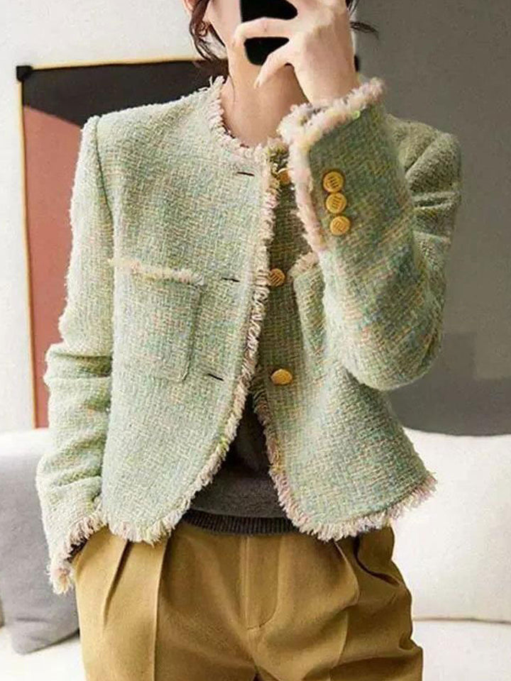 Stylish women's round neck tweed jacket as chic outerwear, perfect for elegant fall & winter outfits.
