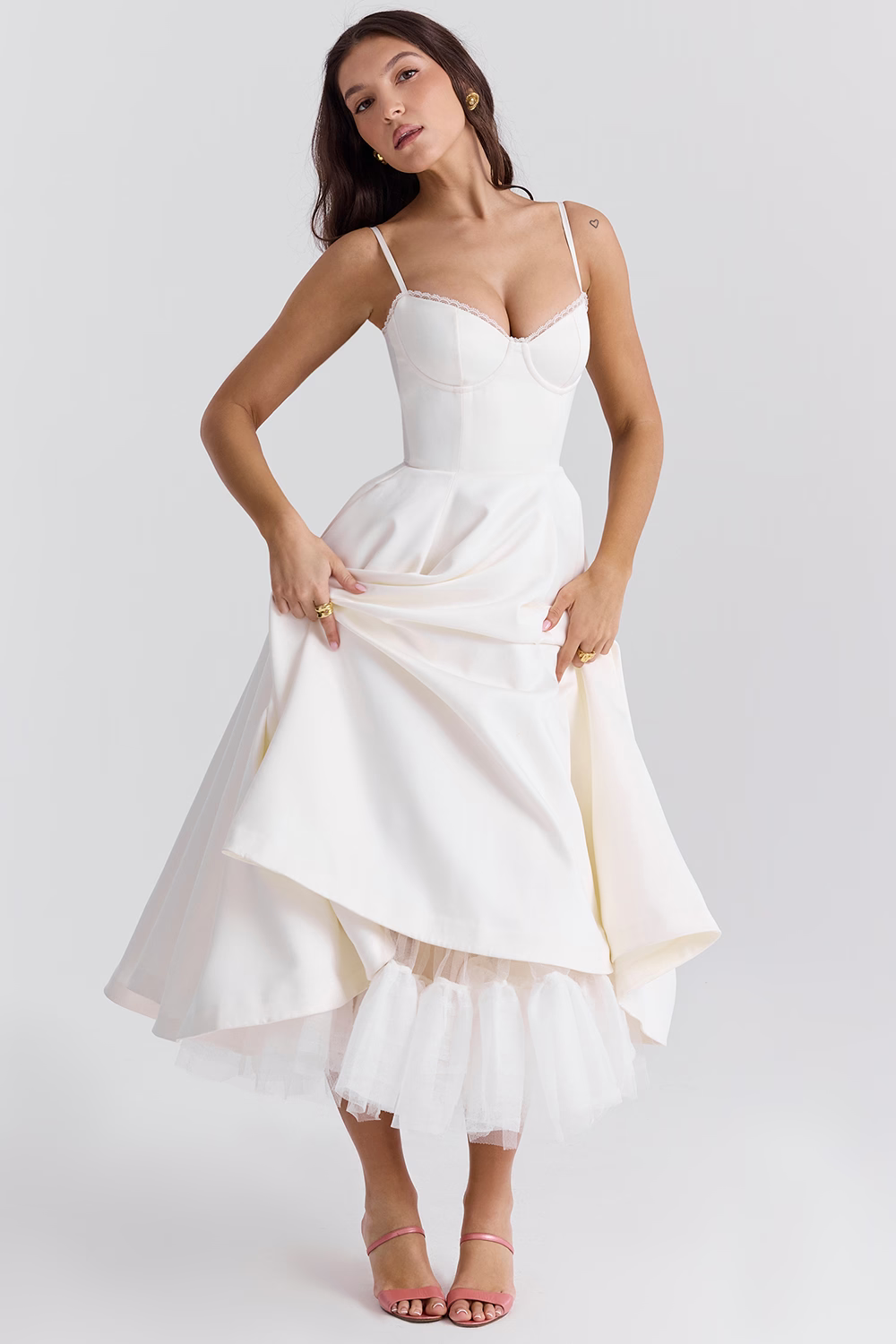 Stylish Women's Wedding Guest Dress, elegant Royale midi, structured bodice, perfect for special occasions.