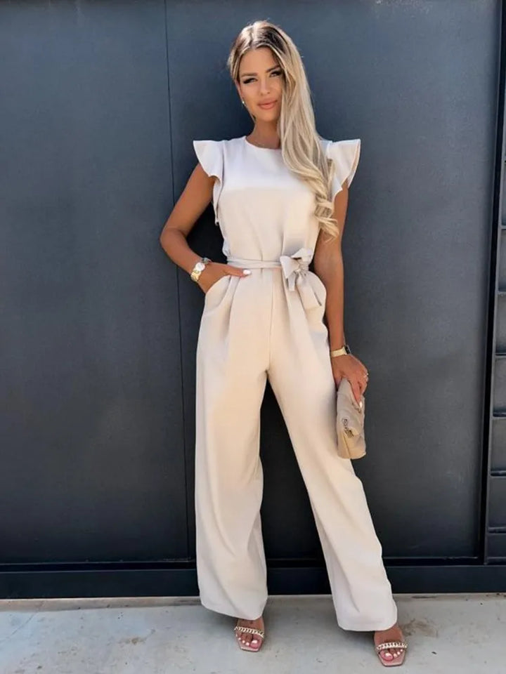 Elegant women's ruffle sleeve wide leg jumpsuit with belt, perfect for casual chic or occasion wear.