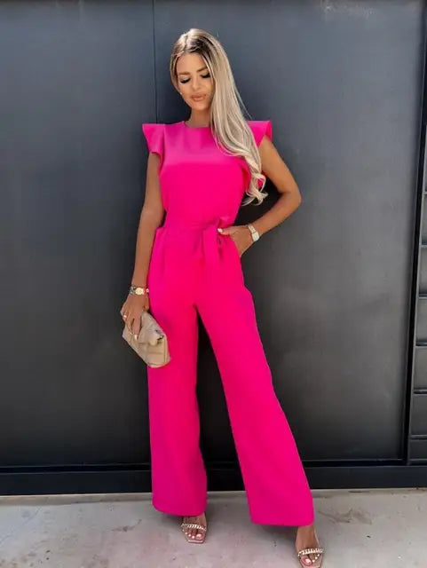 Casual chic women's wide leg jumpsuit with ruffle sleeves and belt. Ideal for summer and stylish outfits.