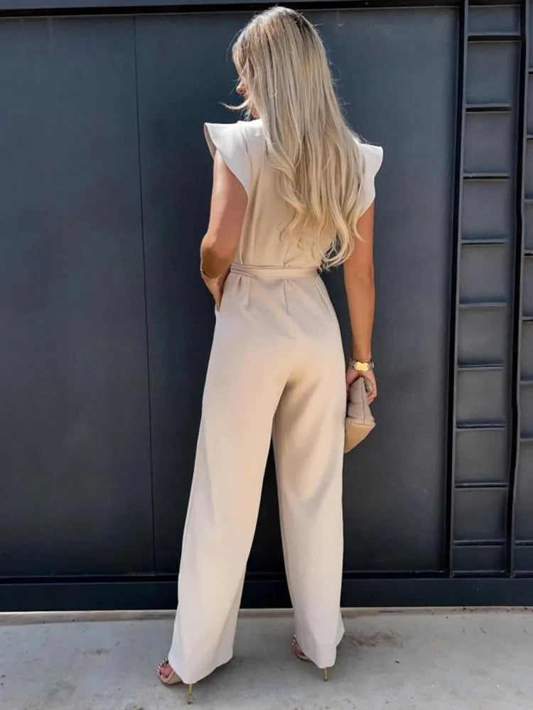 Occasion wear women's wide leg jumpsuit with elegant ruffle sleeves and a complementing belt.