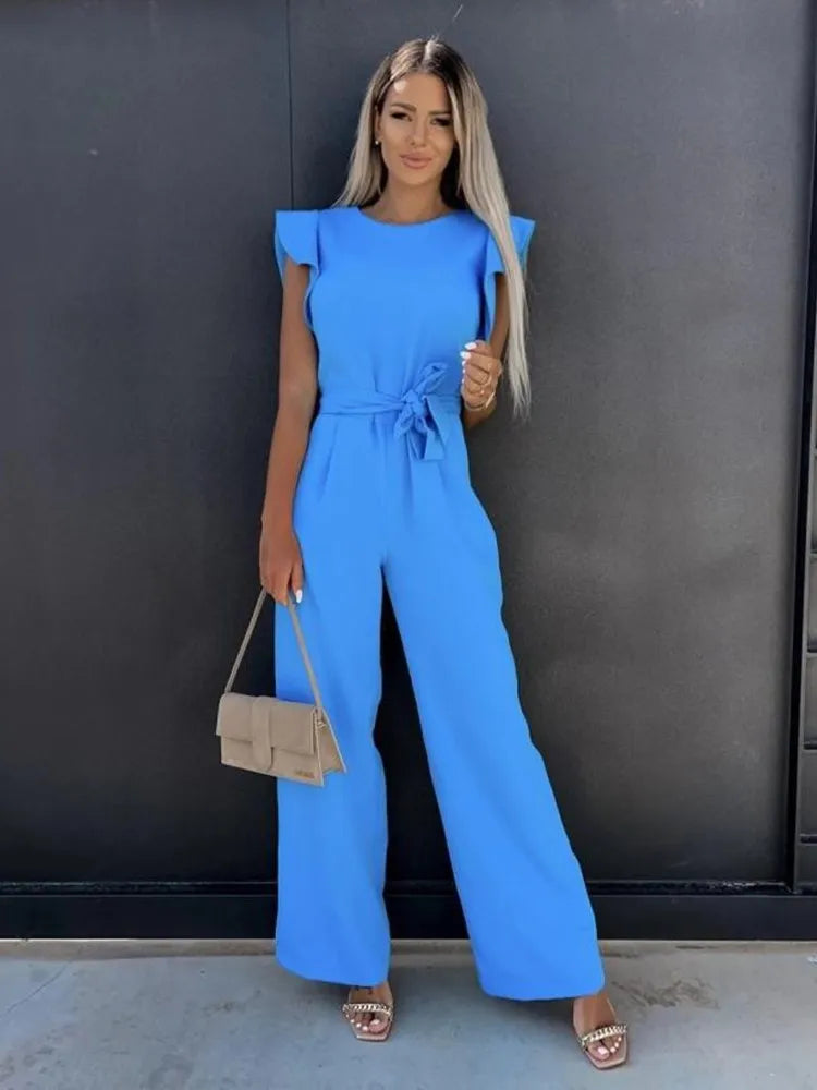 Versatile women's ruffle sleeve wide leg jumpsuit with belt, perfect for elegant casual chic or events.