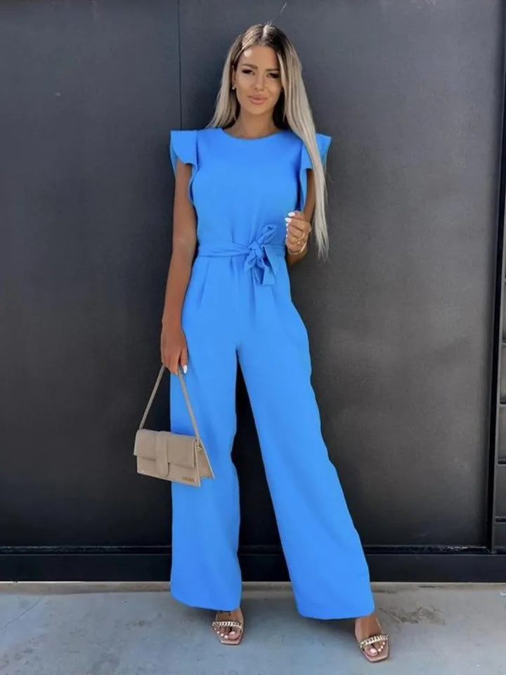 Versatile women's ruffle sleeve wide leg jumpsuit with belt, perfect for elegant casual chic or events.