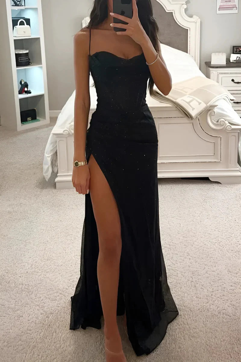 Elegant women's shimmering corset maxi dress with a stylish thigh slit, perfect for formal events & parties.