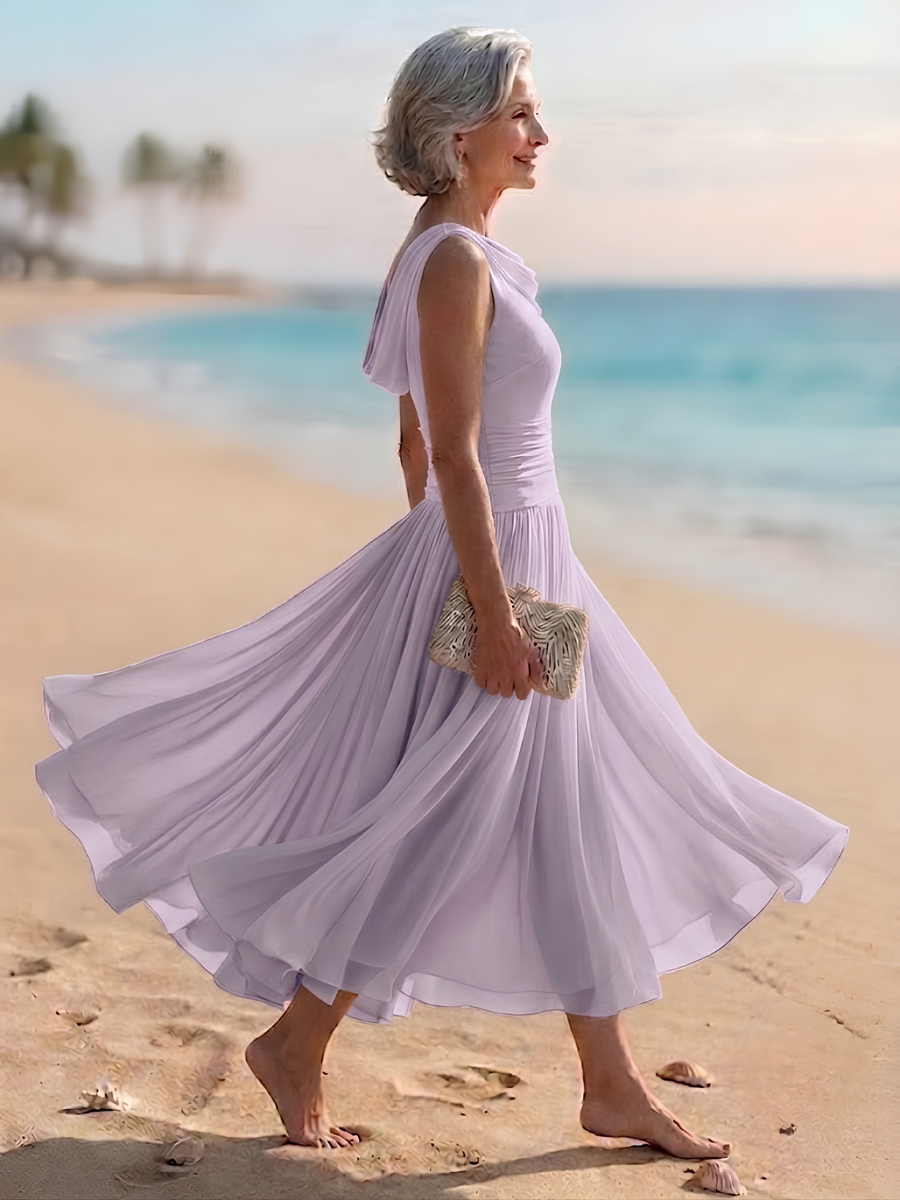 Elegant women's occasion wear: A-line midi dress with draped neck & pleats. Perfect for wedding guests.