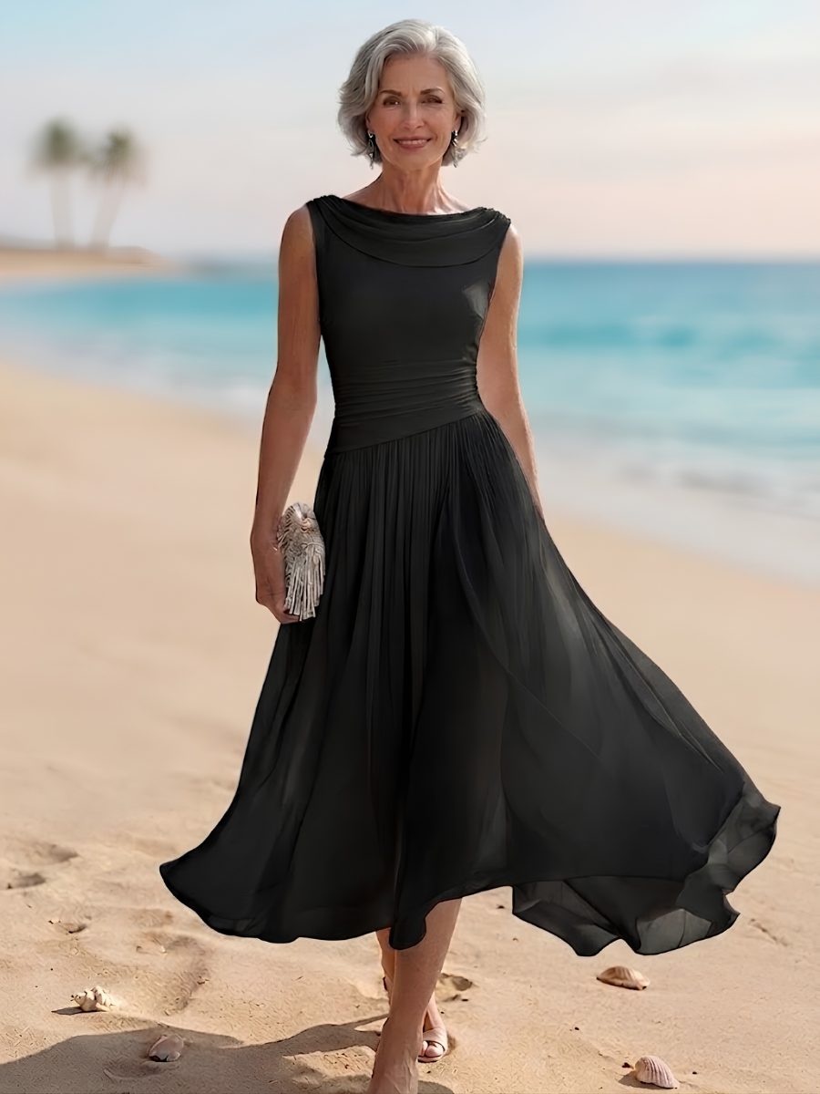 Women's formal draped neck midi dress with pleats. Stylish sleeveless A-line for spring/summer events.