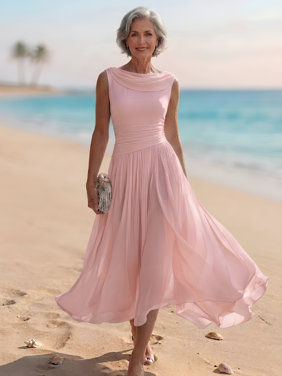Sleeveless A-line midi dress, elegant pleated design for women. Ideal wedding guest & formal party wear.