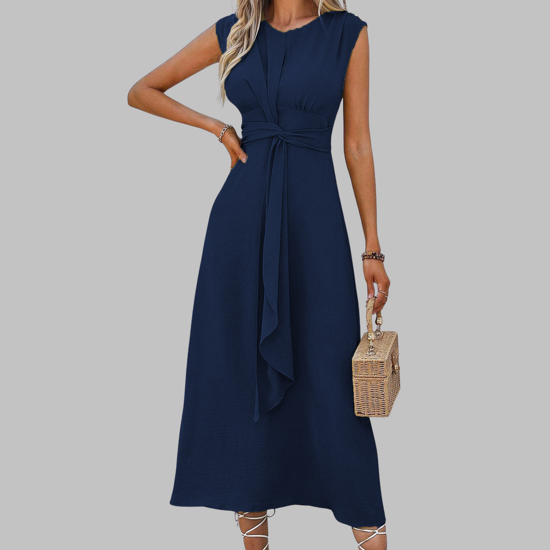 Long, elegant women's sleeveless maxi dress with a classic round neck, great for various occasions.