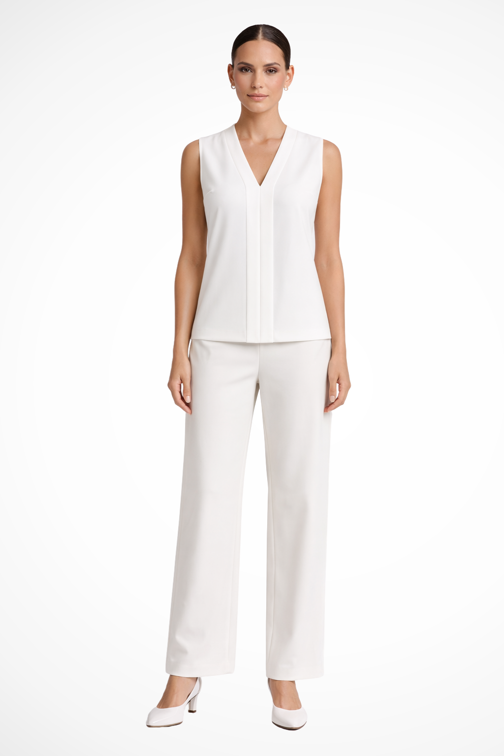 Elegant women's sleeveless V-neck blouse, perfect for workwear & smart casual style.