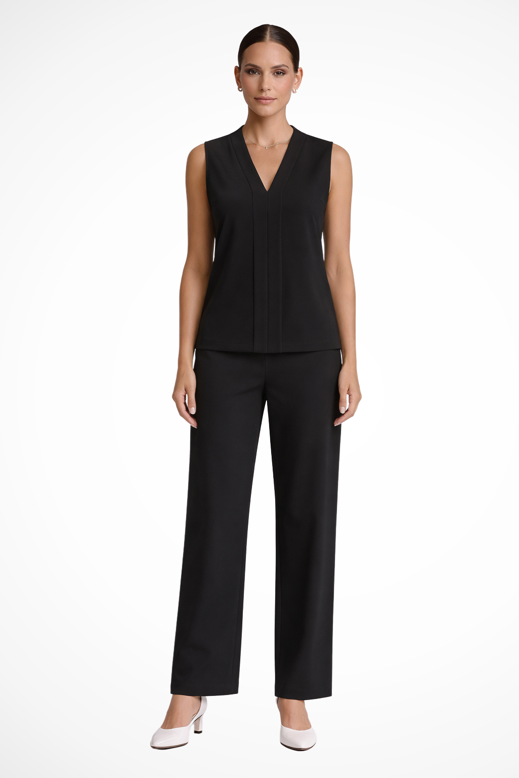 Stylish pleated sleeveless V-neck top for women, excellent for office & elegant outfits.