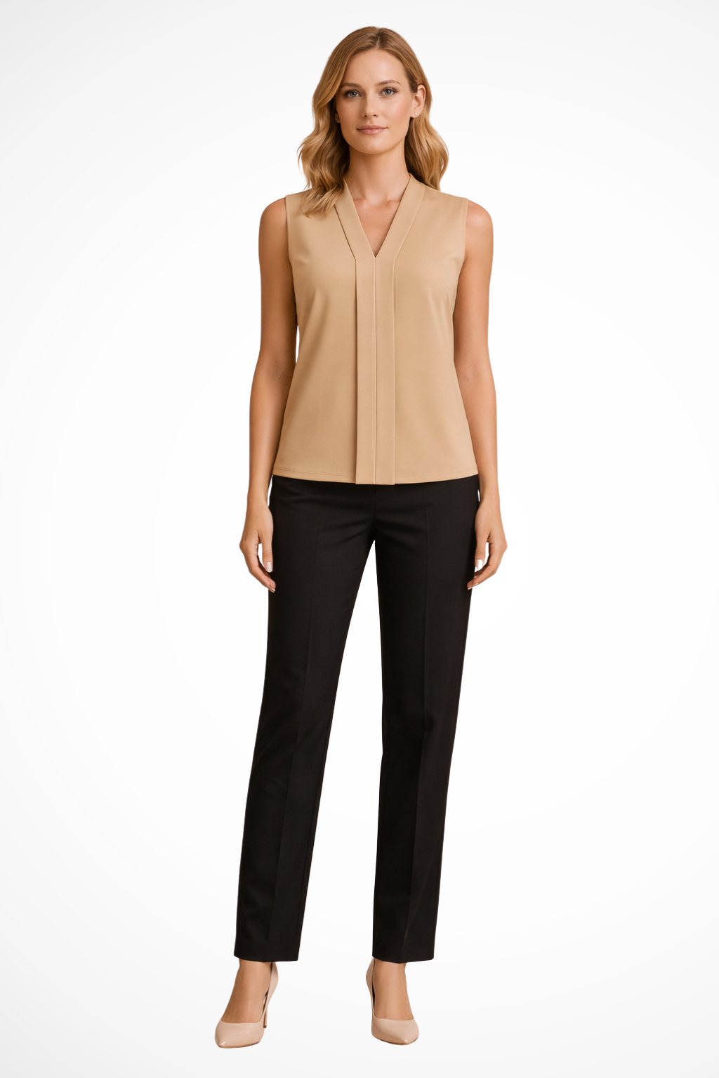 Lightweight sleeveless V-neck blouse for women, suitable for work, summer, & elegant events.