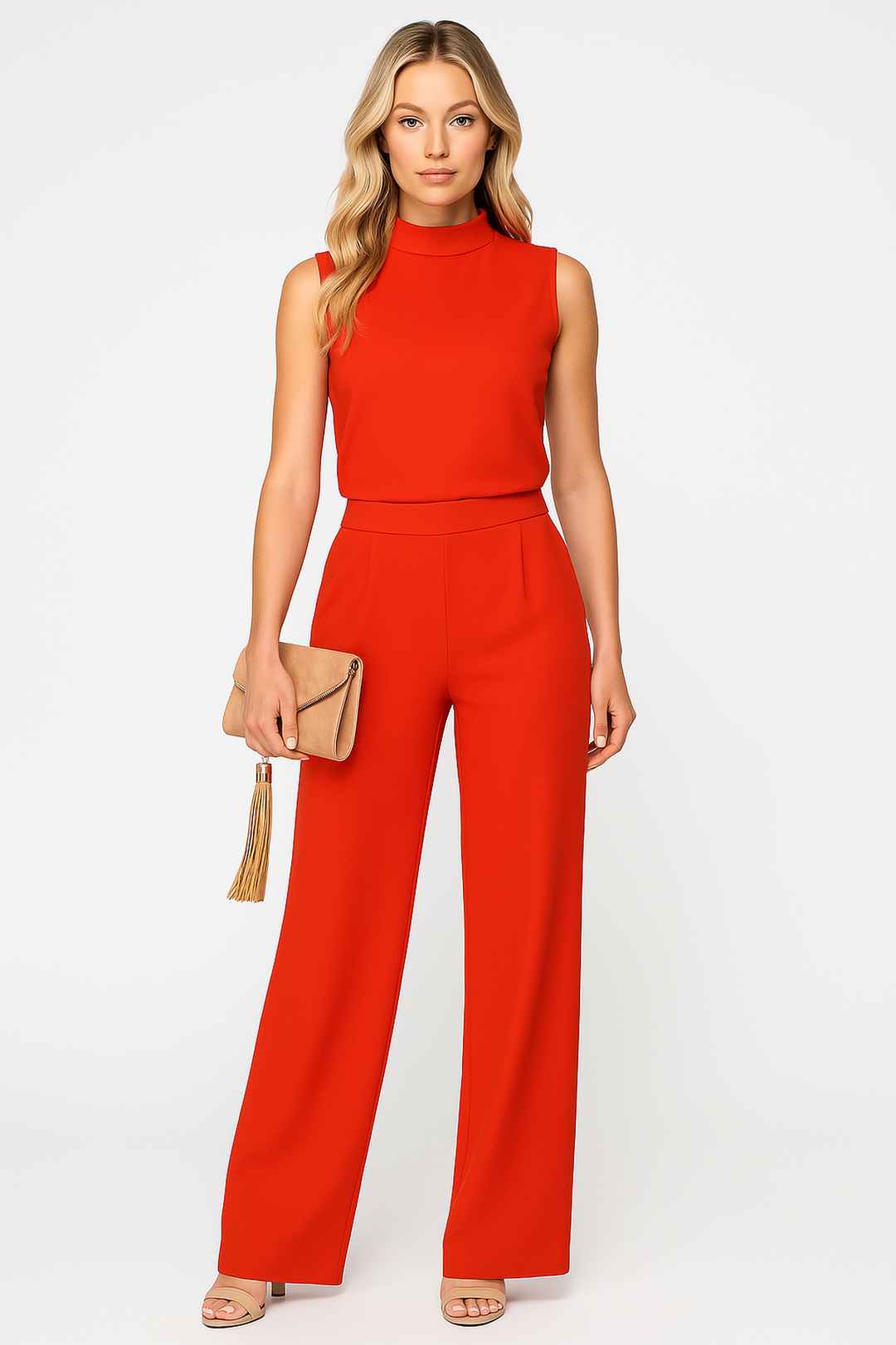 Elegant women's sleeveless wide-leg jumpsuit, perfect for office or evening wear. Versatile and fashionable.