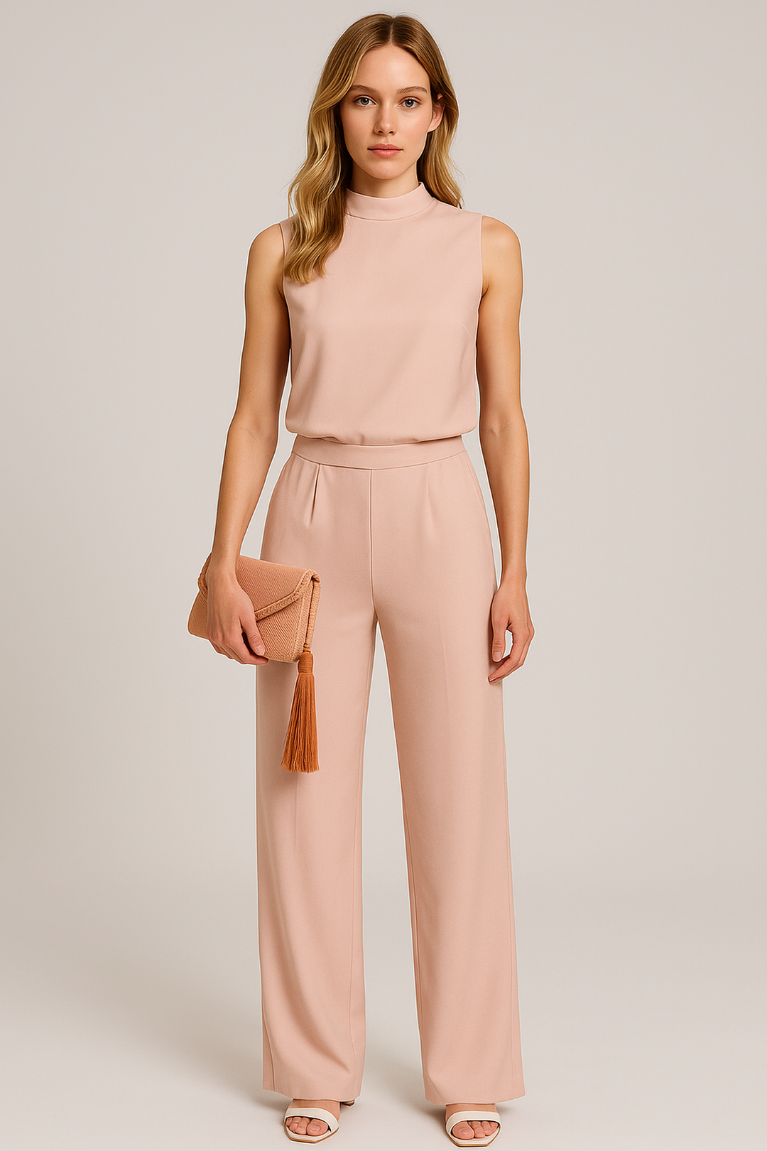 Black women's elegant sleeveless wide-leg jumpsuit, a versatile fashion piece suitable for both office and evening.