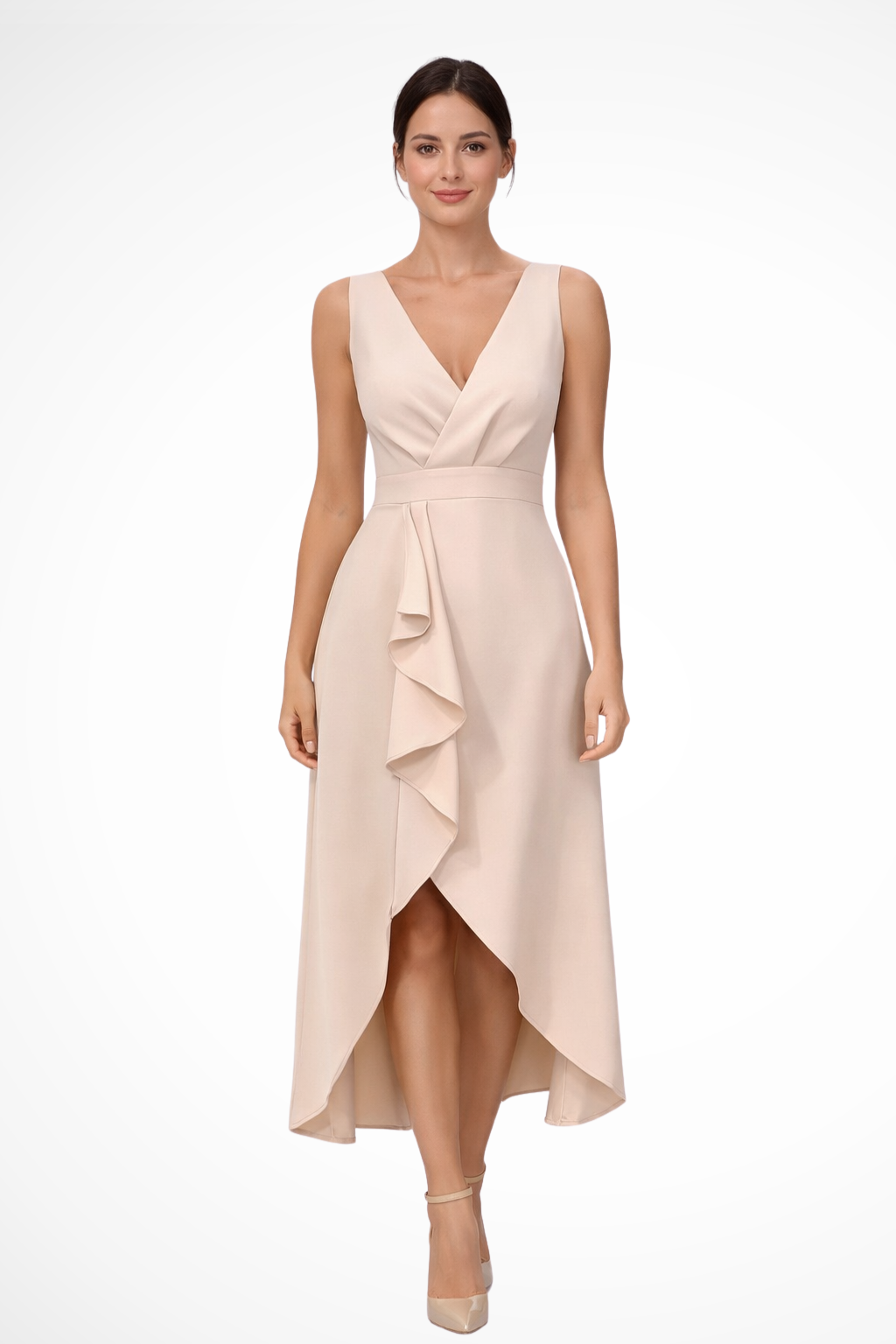 Elegant women's sleeveless wrap style midi dress with an asymmetric hem, perfect for wedding guests or formal occasions.