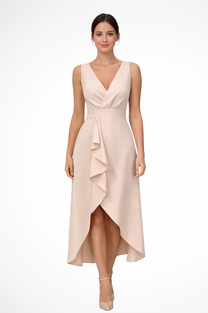 Elegant women's sleeveless wrap style midi dress with an asymmetric hem, perfect for wedding guests or formal occasions.