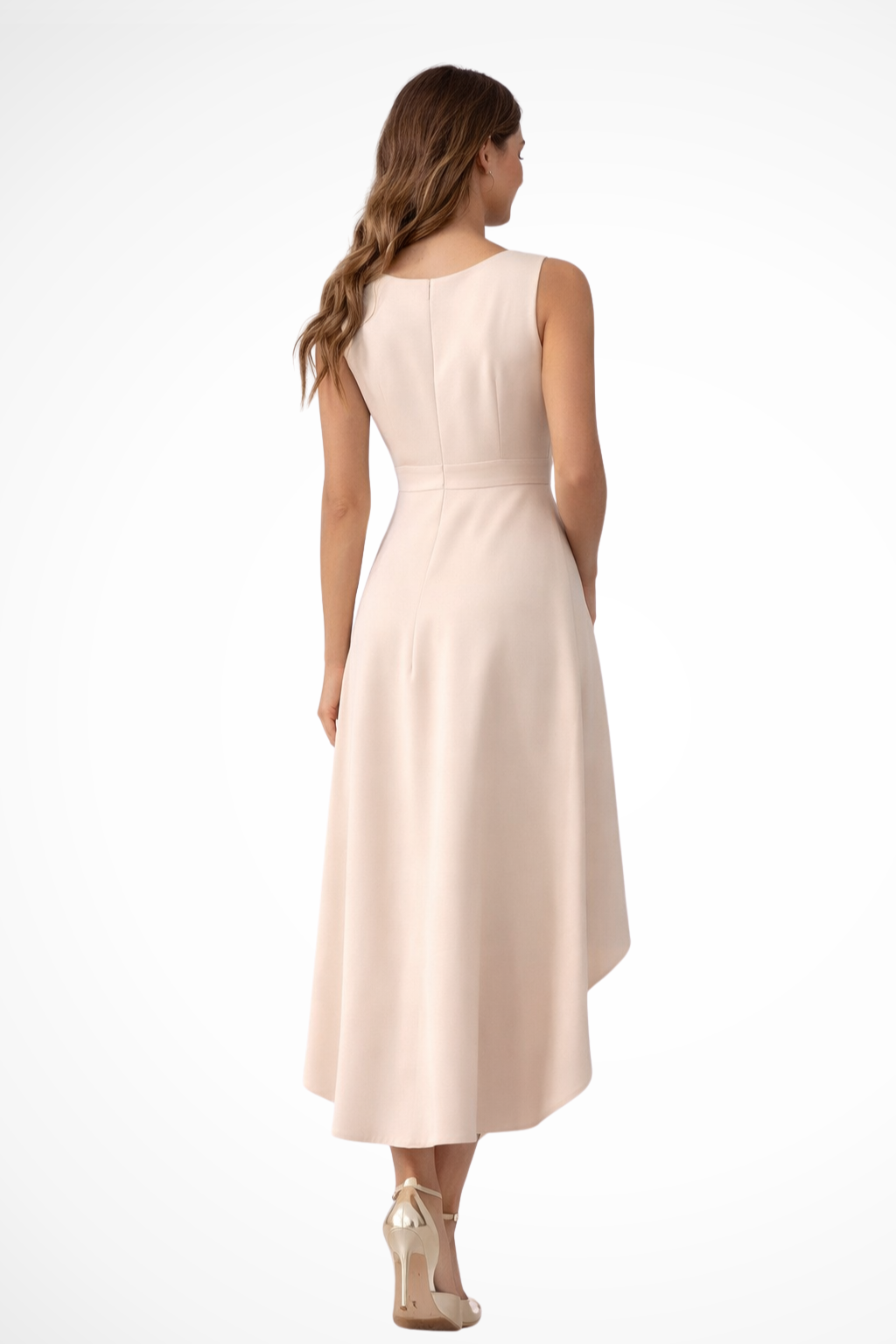 Chic women's sleeveless wrap midi dress, an elegant formal wear or occasion dress with a flattering wrap design.