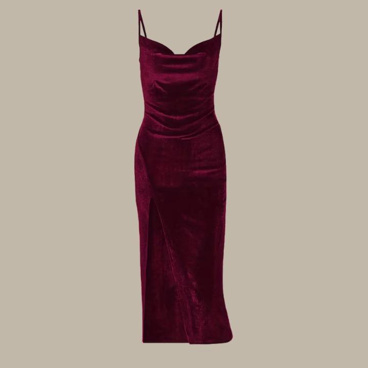 Royal blue slim fit evening dress for women, featuring a graceful split hem and adjustable spaghetti straps.