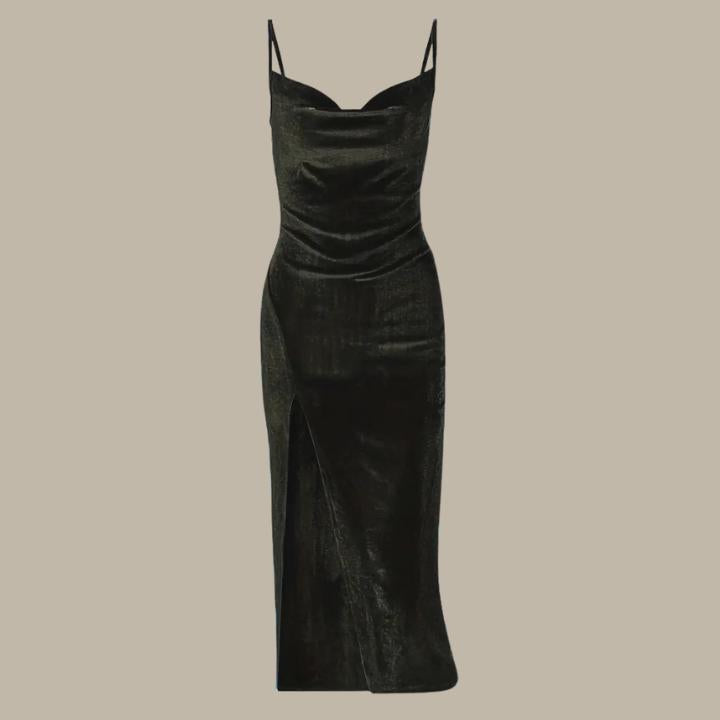 Bodycon slim fit women's formal dress with a trendy split hem and elegant spaghetti straps.