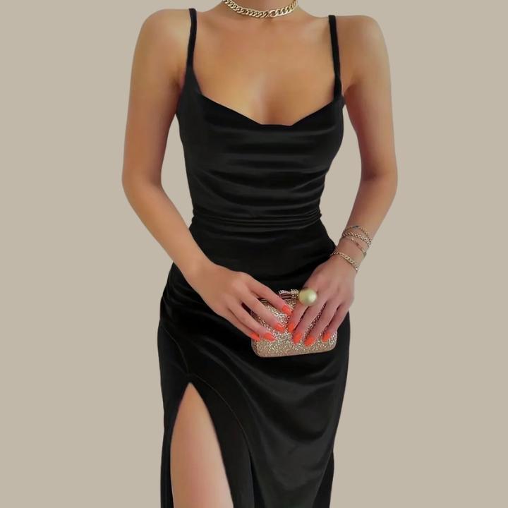 Ruched evening dress for women, elegant slim fit with a stylish split hem and spaghetti straps.