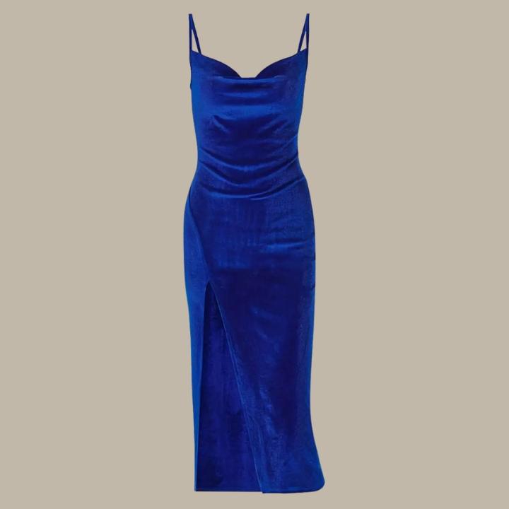 Sophisticated women's cocktail dress, slim fit, with a high split hem, perfect for evening events.