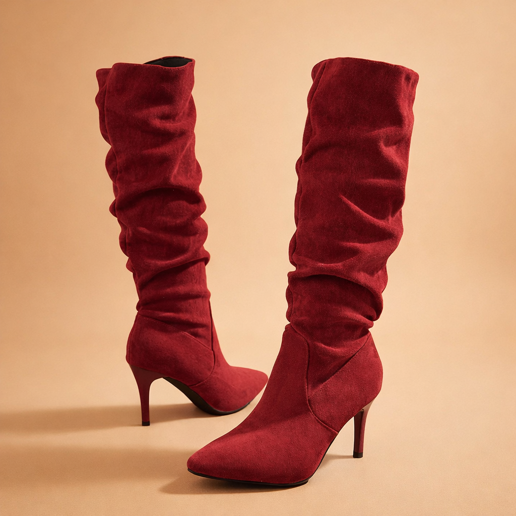 Khaki women's slouch knee-high heeled boots with a pointed toe. Fashionable winter boots.